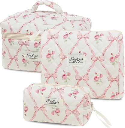 kingkiss Makeup Bag, Quilted Cosmetic Bag, Large Capacity Make Up Bag for Women, Cute Floral Storage Toiletry Bag Travel Storage Makeup Bag (Pink)