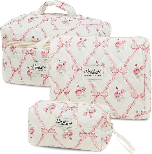 kingkiss Makeup Bag, Quilted Cosmetic Bag, Large Capacity Make Up Bag for Women, Cute Floral Storage Toiletry Bag Travel Storage Makeup Bag (Pink)