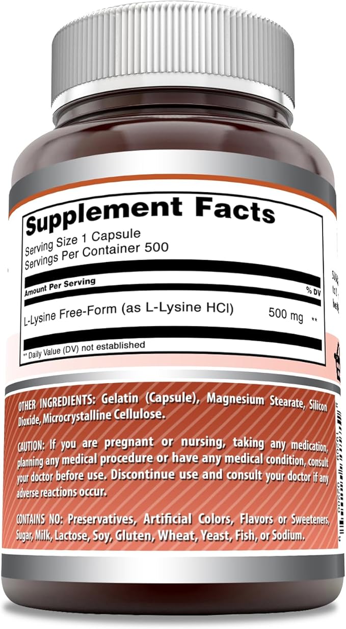 Amazing Formulas L-Lysine 500 mg Capsules Amino Acid Supplement | Non-GMO | Gluten Free | Made in USA (500 Count)