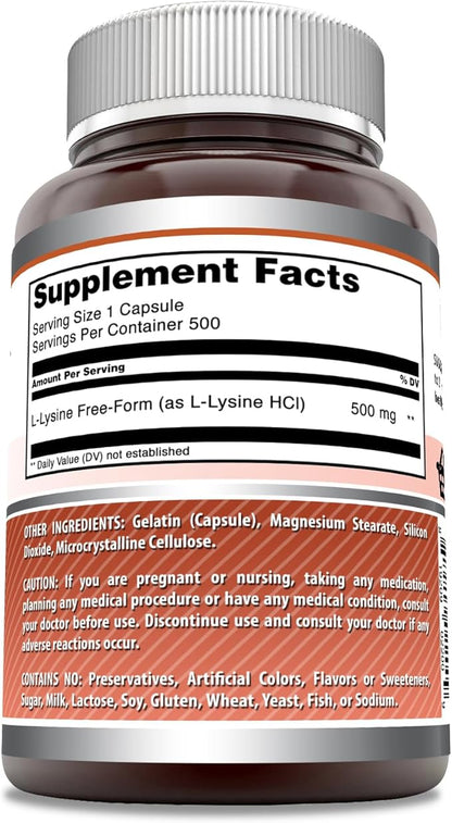 Amazing Formulas L-Lysine 500 mg Capsules Amino Acid Supplement | Non-GMO | Gluten Free | Made in USA (500 Count)