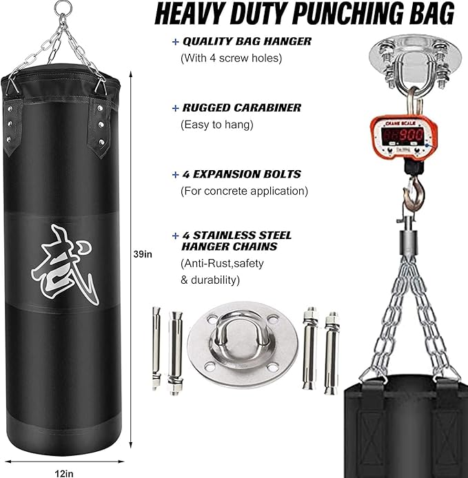 Hanging Punching Bag Set Unfilled, Heavy Boxing Bags Kickboxing Bag for Adults Kids, Youth Boxing Set with Hand Wraps, Punching Bag Hangers, for MMA Muay Thai Karate Taekwondo Training