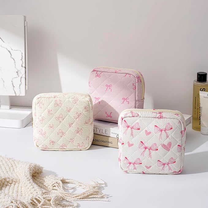 Small Quilted Cotton Makeup Bag for Purse, Cosmetic Bag with Compartments, Cotton Aesthetic Makeup Bag, Travel Toiletry Pouch, Lipstick Bag Card Holder Data Cable Organizer (09White Small bow)