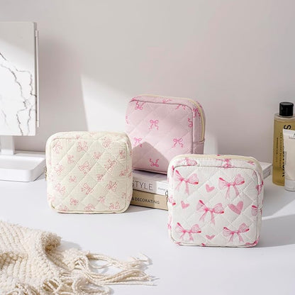 Small Quilted Cotton Makeup Bag for Purse, Cosmetic Bag with Compartments, Cotton Aesthetic Makeup Bag, Travel Toiletry Pouch, Lipstick Bag Card Holder Data Cable Organizer (09White Small bow)