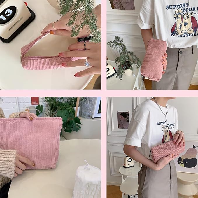 FITINI 2 Pcs Makeup Bag Large Corduroy Cosmetic Bags Portable Travel Toiletry Case Organizer Cute Small Brushes Storage Pouch with Zipper for Women Purse,Pink