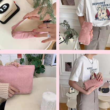 FITINI 2 Pcs Makeup Bag Large Corduroy Cosmetic Bags Portable Travel Toiletry Case Organizer Cute Small Brushes Storage Pouch with Zipper for Women Purse,Pink