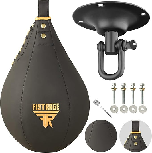 FISTRAGE Speed Bag Boxing Ball Leather MMA Muay Thai Training Punching Dodge Striking Kit with Free Hanging Swivel Workout Speedball Kicking Platform Equipment