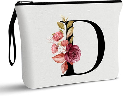 Vavabox A-Z Personalized Makeup Bag, Birthday Gifts for Women Mom, Gifts for Best Friend, Bride Bridesmaid Cosmetic bag (D, White)