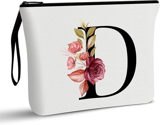 Vavabox A-Z Personalized Makeup Bag, Birthday Gifts for Women Mom, Gifts for Best Friend, Bride Bridesmaid Cosmetic bag (D, White)