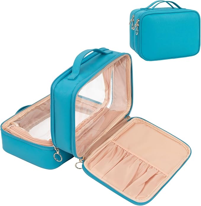 OCHEAL Makeup Bag, Double Layer Cosmetic Bag, Large Capacity New Look Clear Cosmetic Case for Women Travel Beauty Essentials, Multiple Compartments Makeup Case Organizer Zipper Pouch -Blue