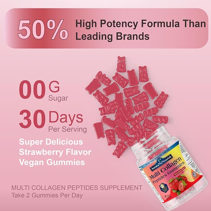 2 Pack Multi Collagen Peptides Gummies, Sugar Free Hydrolyzed 5000mg Protein丨Type I,II,III,V,X with Biotin Hyaluronic Acid Vitamin C A D B6 B12 L-Glutathione for Skin Hair Nail & Joint -StrawBerry