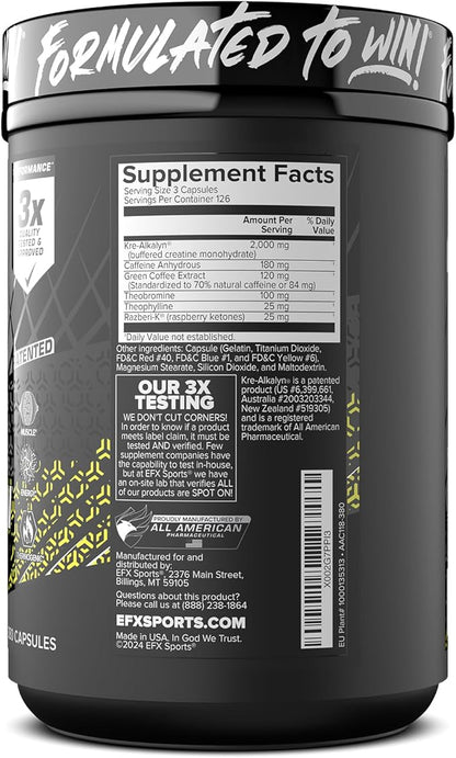 EFX Sports Kre-Alkalyn Hardcore | Thermogenic pH Correct Creatine Monohydrate Pill Supplement | Energy & Strength Pre Workout | 126 Servings, 380 Capsules
