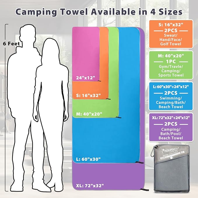 SYOURSELF 2 Pack Microfiber Camping Towel (XL:72"x32"+12"x24")