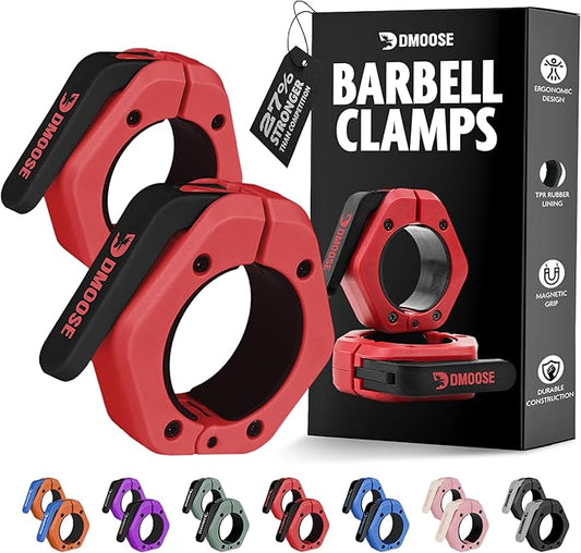 DMoose Fitness Barbell Clips 2" (Pair) - Quick Release Olympic Barbell Clamps & Collars with Anti Slip TPR Lining for Secure Weightlifting & Powerlifting - Weight Clips for Bars at Home or Gym