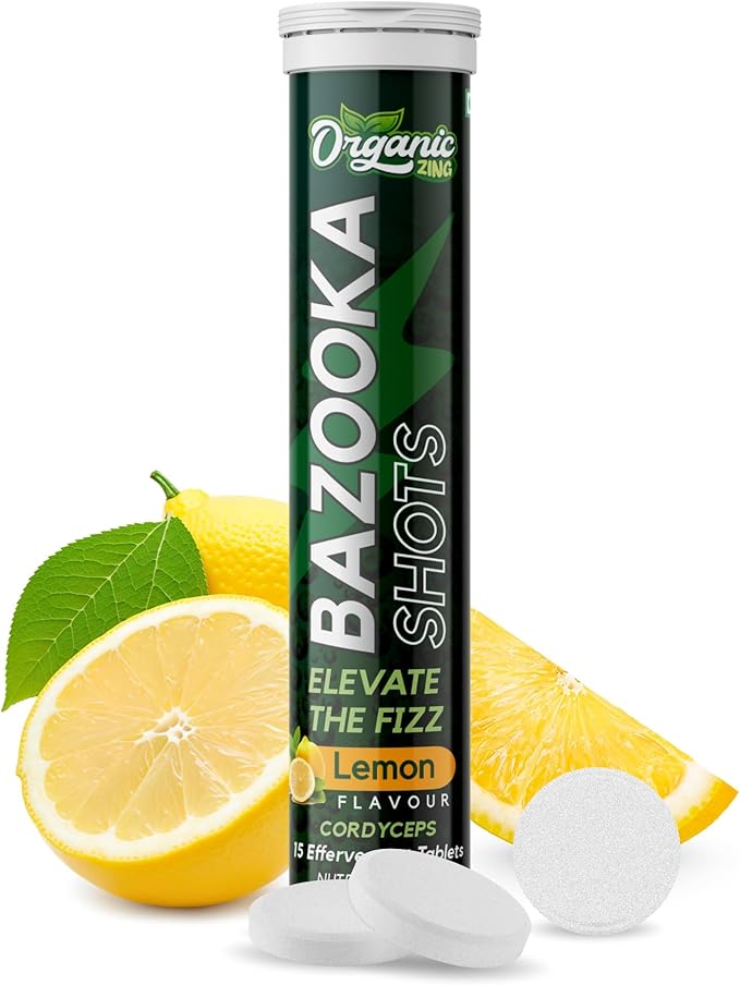 Bazooka Energy Effervescent Tablets - Energy Boost, Pre-Workout, No Crash, & Boost Immunity with Cordyceps Extract - Lemon Flavor, 15 Tablets