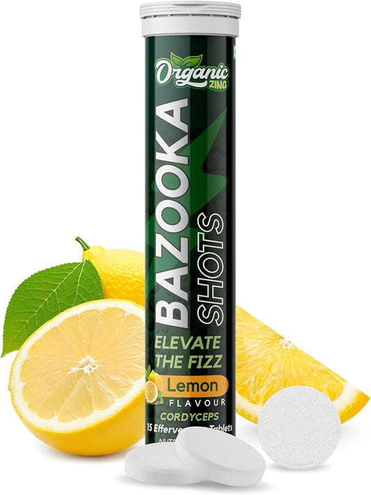 Bazooka Energy Effervescent Tablets - Energy Boost, Pre-Workout, No Crash, & Boost Immunity with Cordyceps Extract - Lemon Flavor, 15 Tablets
