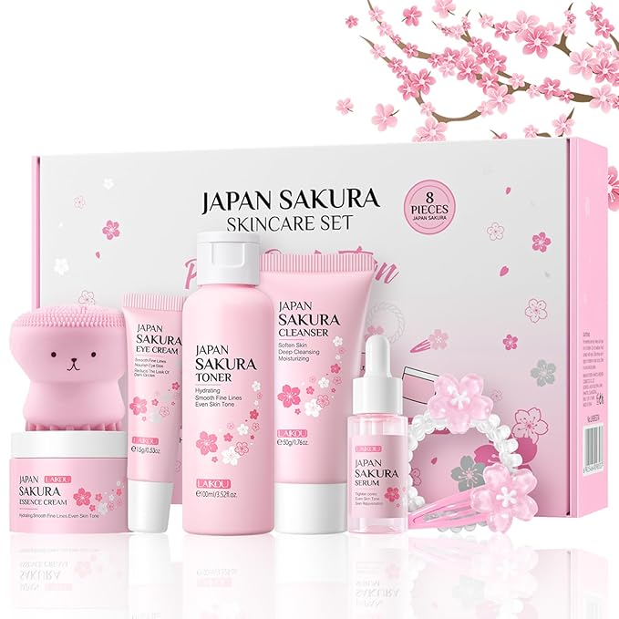Sakura Skincare Set Facial Kit - Skin Care Gift Set for Girls/Women's, Facial Skin Care Sets & Kits with Beauty Gift Box, Japanese Skin Care Products Hydrating&Anti-Aging Skin - TSA-Friendly 8Pcs
