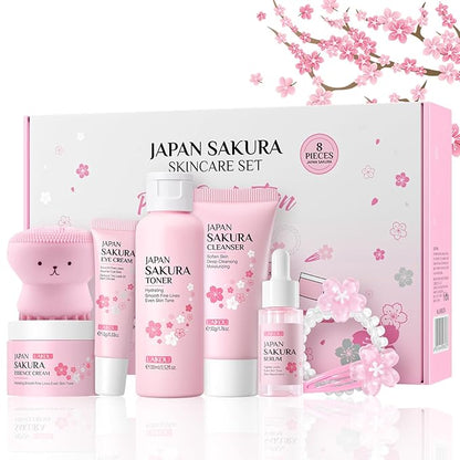 Sakura Skincare Set Facial Kit - Skin Care Gift Set for Girls/Women's, Facial Skin Care Sets & Kits with Beauty Gift Box, Japanese Skin Care Products Hydrating&Anti-Aging Skin - TSA-Friendly 8Pcs
