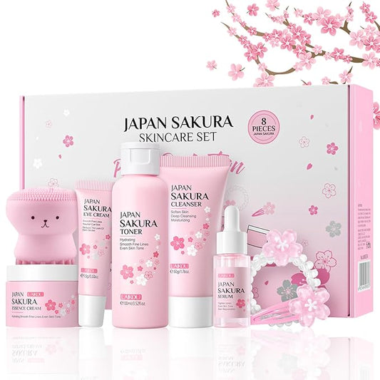 Sakura Skincare Set Facial Kit - Skin Care Gift Set for Girls/Women's, Facial Skin Care Sets & Kits with Beauty Gift Box, Japanese Skin Care Products Hydrating&Anti-Aging Skin - TSA-Friendly 8Pcs