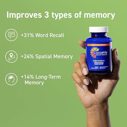 CocoaVia Memory+ Brain Supplement, 90 Day, 750 mg Cocoa Flavanols, Memory & Brain Booster, Vegan, Plant Based, Gluten Free, 270 Capsules