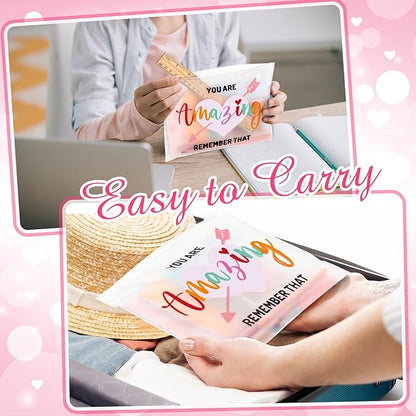 Reginary 100 Pcs Inspirational Gifts for Girls Women Travel Cheer Makeup Bag Bulk Loved Quotes Cosmetic Bags with Zipper Thank You Encouragement Birthday Gift Bag (Elegant)