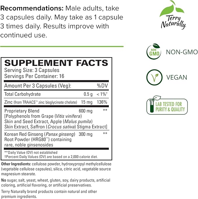 Terry Naturally Male Sexual Health - Dietary Supplement to Support Healthy Blood Flow & Circulation - Herbal Supplement with Korean Red Ginseng - Supplement for Men to Aid Healthy Energy - 48 Capsules