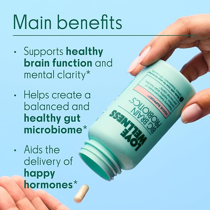 Love Wellness Big Brain Probiotics | Nootropics Brain Support Supplement | Brain Supplements for Memory and Focus | Promotes Mental Clarity & Mood | Organic Reishi, Chaga, & Lions Mane | 30 Count