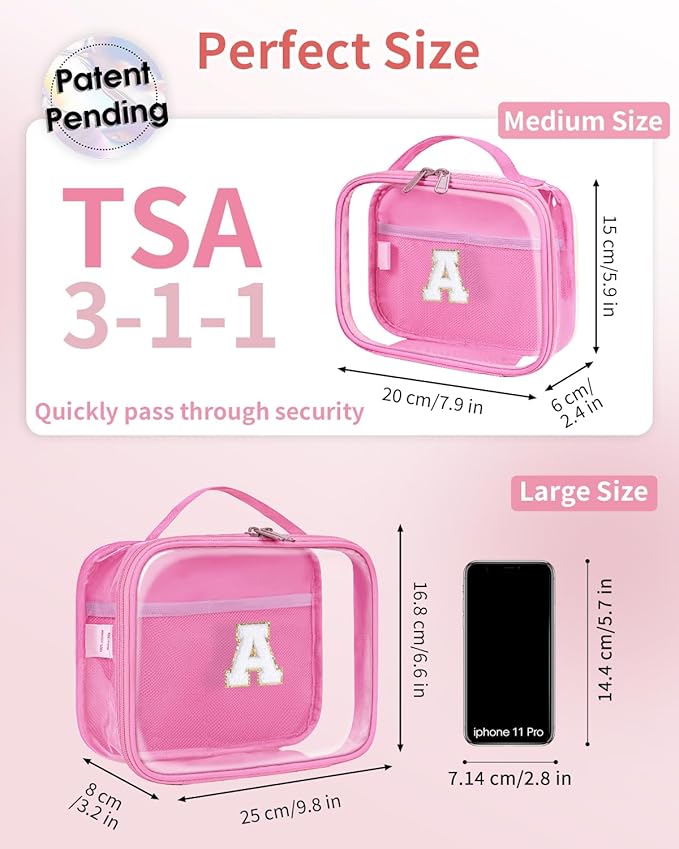Wandering Nature Clear Makeup Bags 2 Pack Personalized Initial Makeup Pouch Preppy Small Cosmetic Pouch Organizer Travel Toiletry Bag, Birthday Gifts for Girlfriend Women