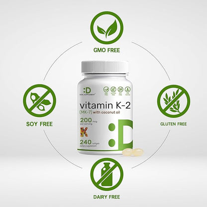 DEAL SUPPLEMENT Vitamin K2 (MK-7) 200mcg, 240 Virgin Coconut Oil Softgels | Premium Menaquinone-7 Form, Easily Absorbed Vitamin K Supplement – Bone, Joint, & Immune Support – Non-GMO