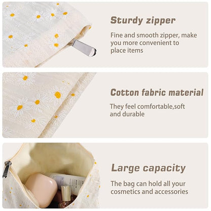 ZLFSRQ Daisy Flower Makeup Bag Travel Cute Floral Cosmetic Bags for Women Large White Toiletry Pouch Zipper Cosmetic Pouch for Purse Aesthetic Makeup Organizer Bag Portable Toiletry Bags