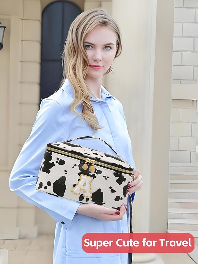 Personalized Monogram Makeup Bag with Dividers - Cow Print Travel Toiletry Organizer for Women | Waterproof Cosmetic Pouch with Brush Holder & Handle (9.8x6.7x5.1in)
