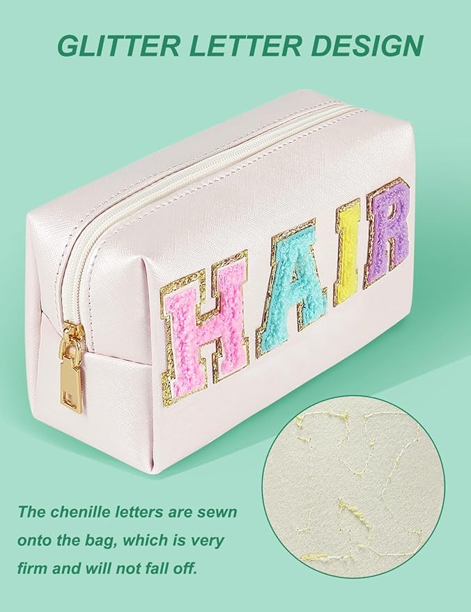 Preppy Makeup Bag, Synthetic Leather Patch Cosmetic Bag with HAIR Chenille Letter for Hair Care, Gift for Girlfriend or Wife, Present for Girls, Daughter and Mum(Cream)