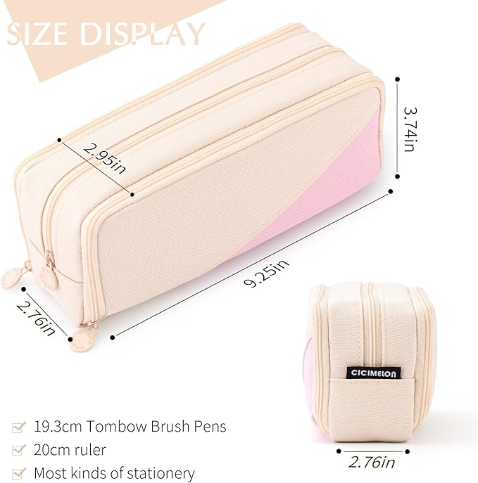 CICIMELON Big Capacity Pencil Case 3 Compartments Pen Pouch Bag Multifunctional Organizer for School Office, Cream
