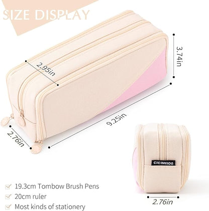 CICIMELON Big Capacity Pencil Case 3 Compartments Pen Pouch Bag Multifunctional Organizer for School Office, Cream