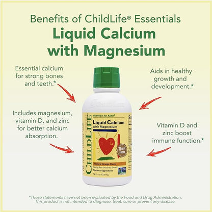 CHILDLIFE ESSENTIALS Liquid Calcium Supplement for Kids - Baby Calcium with Magnesium, Zinc, and Vitamin D3 - Orange Flavor, 16 fl oz (6 Pack)