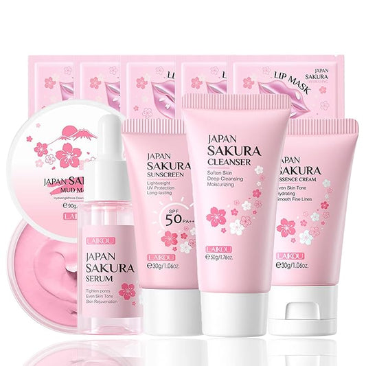 Skincare Set Sakura Women Skincare Gifts for Teen Girls - Travel Essentials for Women - Skin Care Set with Makeup Remover,Face Wash,Moisturizer,Face Mask - Face Care Set for Women (10PCS, Sakura)
