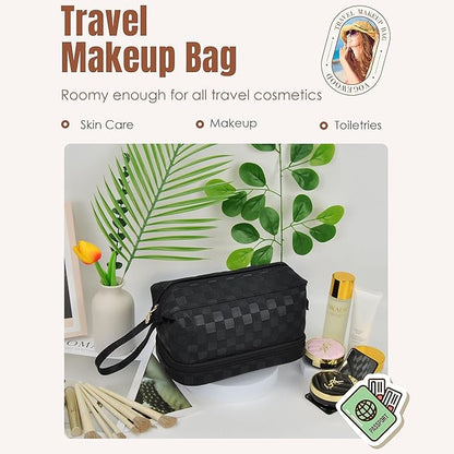 NGIL Faux Leather Cosmetic Bag for Women, Makeup Bag Organizer, Makeup Brush Storage, Portable Travel Bag for Toiletries (Checkered, Black, Medium)