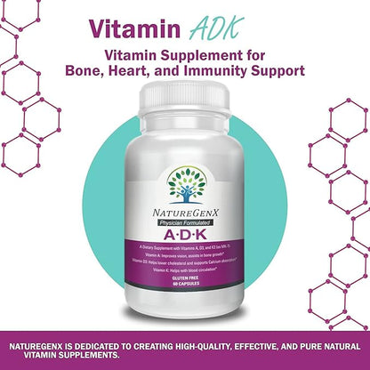 ADK Vitamin Supplement 5000 IU - High Potency Vitamins A, D3, and K2 for Bone Health and Calcium Absorption | Gluten-Free Vitamin ADK Supplement, 60 Day Supply, 60 Capsules