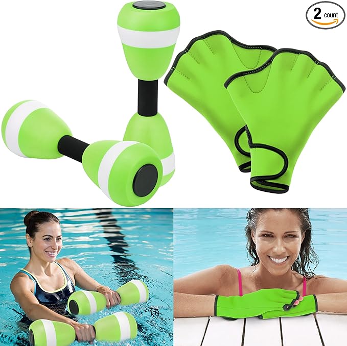 Water Aerobics Set for Aquatic Exercise 1 Pair Neoprene Swimming Glove 2 Pcs Foam Aquatic Dumbbells Water Weights Equipment Pool Resistance Fitness Equipment for Training Workouts