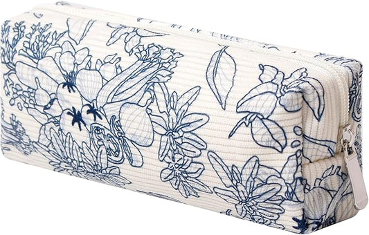 Cosmetic Bag for Women Corduroy Makeup Bag Travel Make Up Organizer Tool Pouch Small Bag for Purse, Zipper Portable Storage Pouch Toiletry Bag for Women (Navy blue flowers)