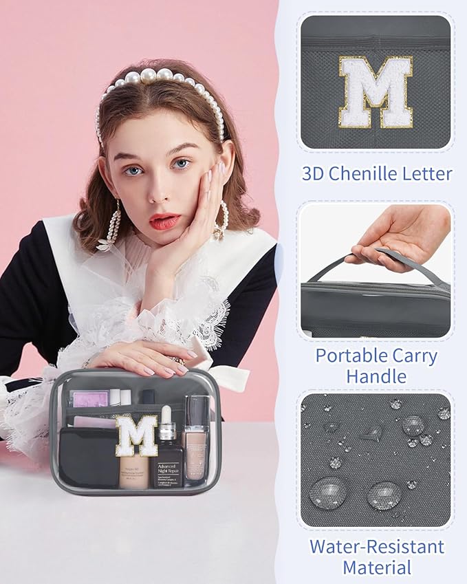 Wandering Nature Clear Makeup Bags 2 Pack Personalized Initial Makeup Pouch Preppy Small Cosmetic Pouch Organizer Travel Toiletry Bag, Birthday Gifts for Girlfriend Women