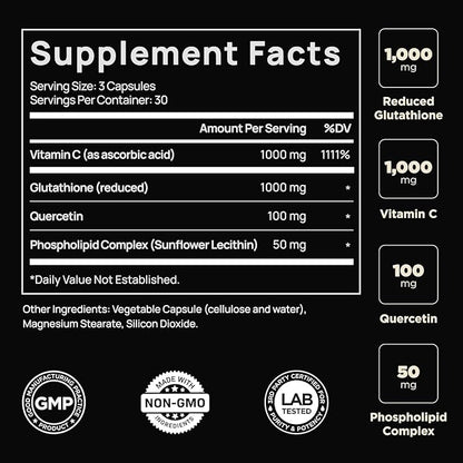 ELMNT 2150mg Super Antioxidant Liposomal Glutathione Supplement w. Vitamin C, Quercetin & Reduced L Glutathione 1000mg - Proven Complex for Best Absorption, Detox, Skin Glow + Immune - 90 Pills