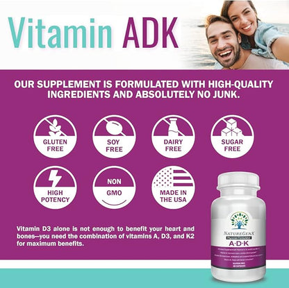 ADK Vitamin Supplement 5000 IU - High Potency Vitamins A, D3, and K2 for Bone Health and Calcium Absorption | Gluten-Free Vitamin ADK Supplement, 60 Day Supply, 60 Capsules