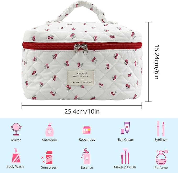 Cute Pink Cherry Quilted Makeup Bag, Large Capacity Travel Cosmetic Bag for Women and Girls, Aesthetic Storage for Daily and Travel Use,or for travel toiletry bag