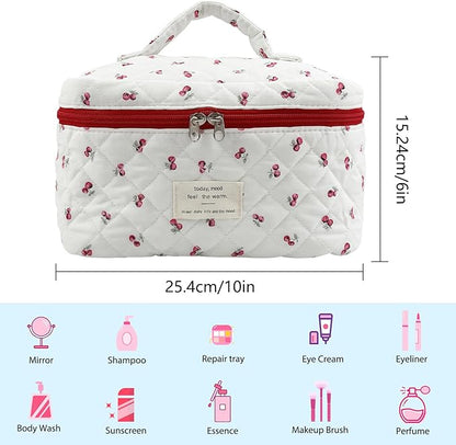 Cute Pink Cherry Quilted Makeup Bag, Large Capacity Travel Cosmetic Bag for Women and Girls, Aesthetic Storage for Daily and Travel Use,or for travel toiletry bag
