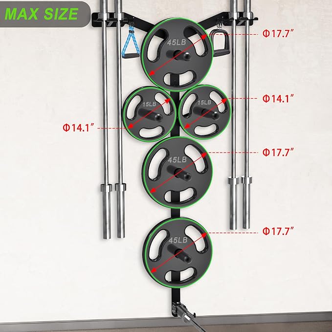 Wall Mounted Weight Plate Rack, Heavy Duty Olympic Barbell Holder & T Bar Row Landmine Attachment, 6 Hook Holes, 5 Pegs & 4 Barbell Storage, Space-Saving Home Gym Organizer