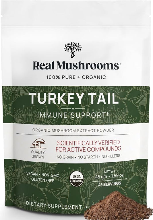 Real Turkey Tail Powder - Organic Mushroom Supplement with Potent Mushroom Extract for Gut, Energy, Brain, & Immune Support - Vegan, Non-GMO, 45 Servings