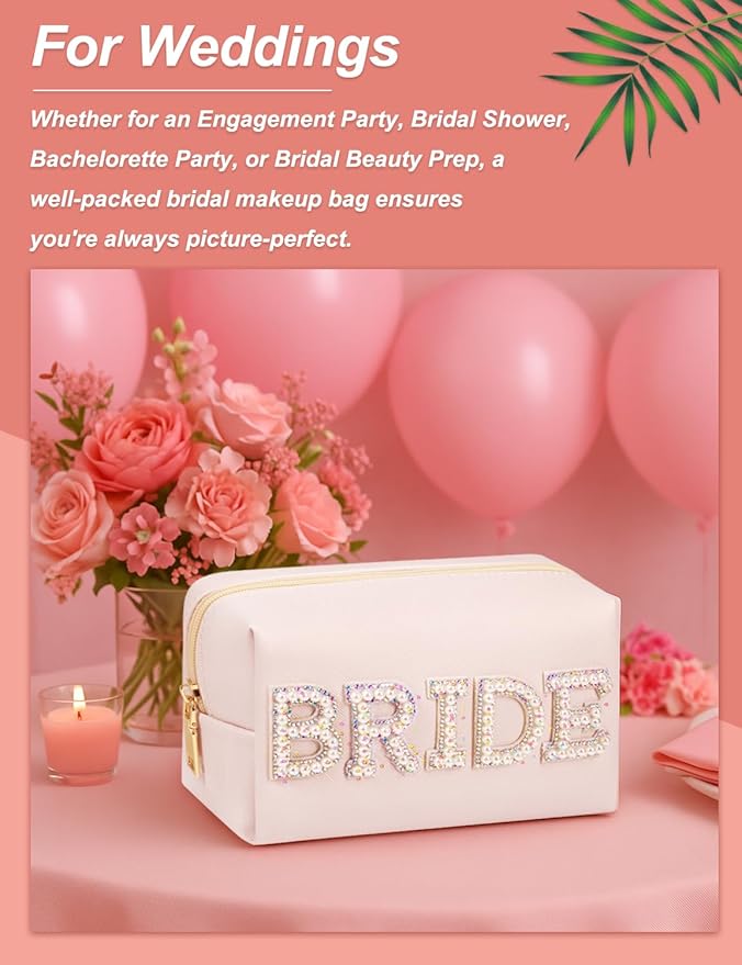 BRIDE Preppy Makeup Bag with Gift Box, Bride Cosmetic Bag for Bridesmaid Engagement, Purse Bridal Shower, Bridal Beauty Prep, Wedding Day