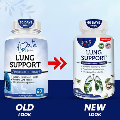 Amate Life Lung Support Dietary Supplements Herbal Breathing Support 10 Active Ingredients Original Formula for Lung Health Lung Cleanse Formula Supplement for Bronchial System 60 Capsules Non GMO