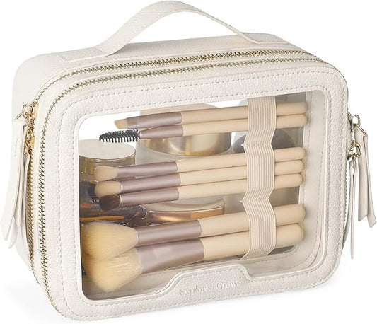 PACKISM Double Layer Clear Makeup Bag - Pebbled Texture & Hard PU Leather Car Bag Organizer for Car Essentials, with Message Card Travel Cosmetic Bag for Women Gift (Cream 2 Layer)