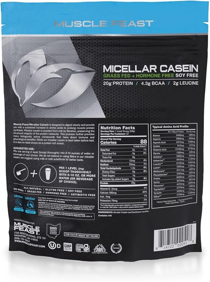 Muscle Feast Micellar Casein Protein, All Natural Pasture Raised Hormone Free Soy Free, Unflavored, 2lb